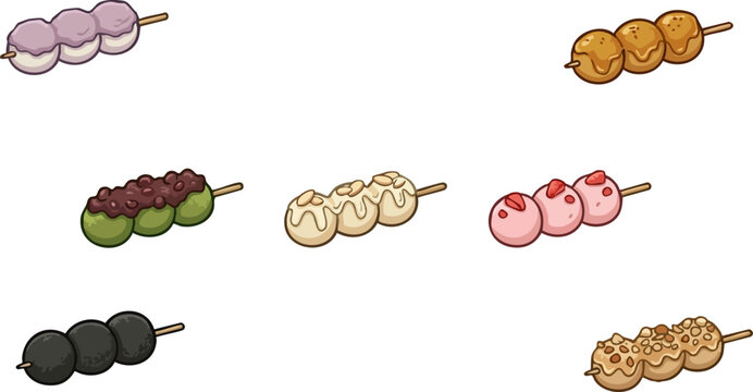Assorted dango skewers set with various toppings. Japanese rice dumplings vector illustration.
