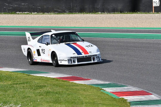 Scarperia, Italy - April 5th 2024: Porsche 935 A4 year 1979 in action during Mugello Classic 2024 at Mugello Circuit in Italy.