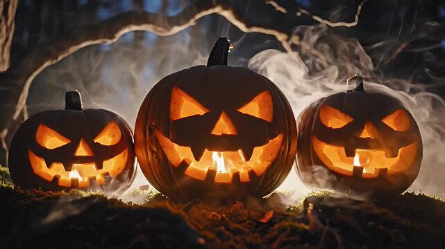 Spooky Jack-o'-Lanterns at Night - Three carved pumpkins glow ominously in the dark with eerie, grinning faces, surrounded by a ghostly fog effect.