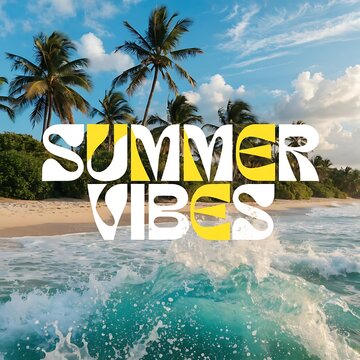 Summer vibes, tropical beach, palm trees, ocean waves, sunny day