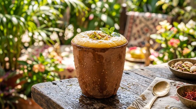 Refreshing Mango Lassi in Traditional Clay Pot on Rustic Wooden Table Outdoors