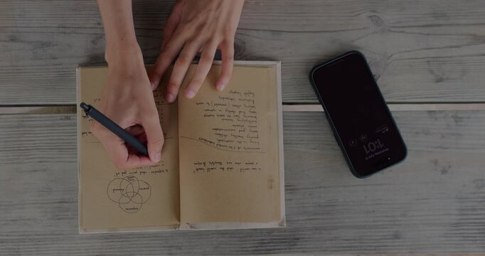 Overhead Top Down View Of Hands Journaling With Smartphone Messaging On Wooden Desk, Productivity And Work-Life Balance Concept