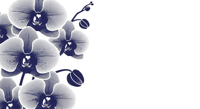 Monochromatic orchid flowers, dark blue floral pattern, white background, elegant botanical design, vector illustration