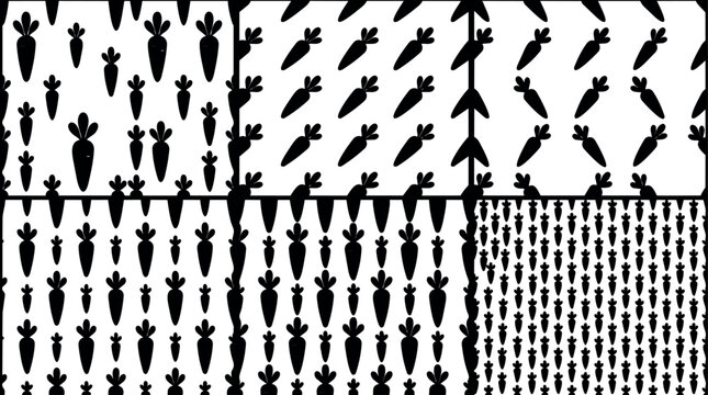Black and white patterns with carrot silhouettes in different arrangements