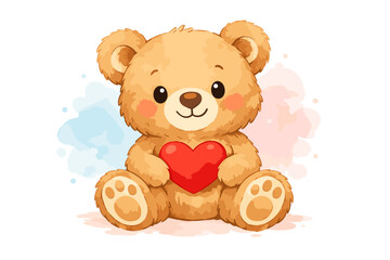 Fototapeta premium Adorable Watercolor Teddy Bear Holding a Red Heart, Cute Sitting Brown Bear Illustration for Valentine's Day, Love, and Romance, Hand-Drawn Vector Art with Soft Pastel Splashes on White Background