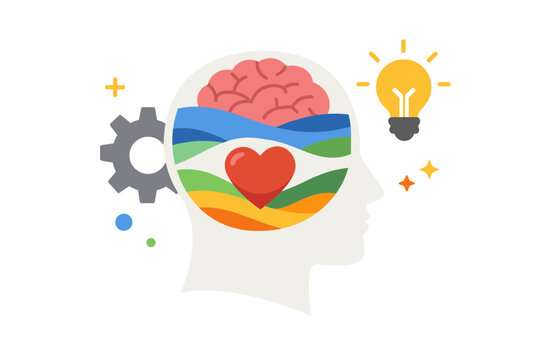 Vector Illustration of a Human Head Profile with Brain, Heart, and Layered Elements Representing Mental Health, Emotional Intelligence, Innovation, Creativity, and the Balance of Logic and Emotion.