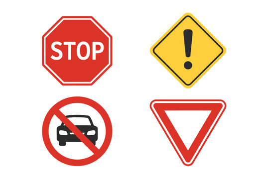 Set of Four Traffic and Road Warning Signs Including Stop Sign, Yield Sign, No Entry for Cars, and General Warning Exclamation Mark Icon, Flat Vector Illustration Isolated on White Background