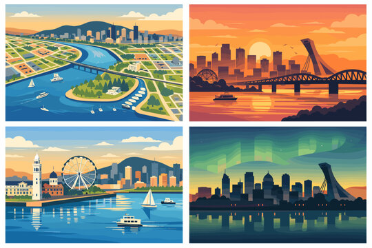 Set of Four Montreal Travel Posters Featuring Detailed City Map, Sunset Skyline with Jacques Cartier Bridge, Old Port Waterfront with Ferris Wheel, and Night View with Northern Lights over City.
