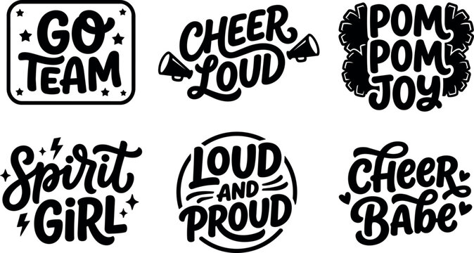 Black and white cheerleading phrases go team pom pom joy loud and proud spirit girl cheer babe vector art