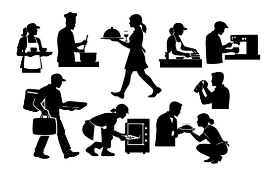 Vector silhouettes of diverse food service professionals including chefs, waitresses, baristas, delivery drivers, and bakers engaged in various restaurant, cafe, and catering industry tasks.