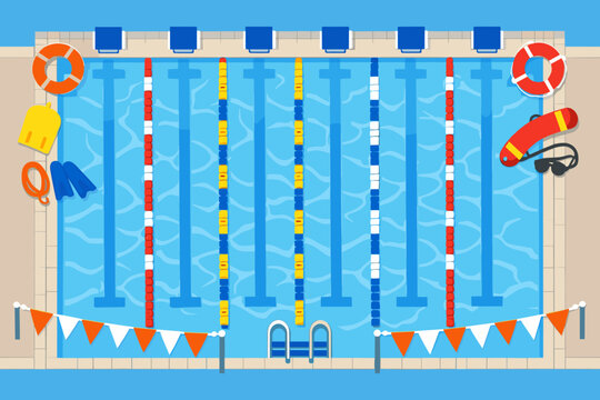 Top view of an Olympic swimming pool with competition lanes, starting blocks, and safety equipment like lifebuoys, goggles, kickboard, and fins. Flat vector illustration for sports and fitness.