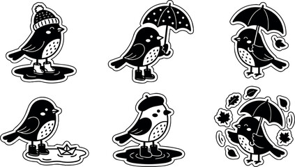 Fototapeta premium Black and white vector birds with umbrellas hats and boots in rainy autumn puddles