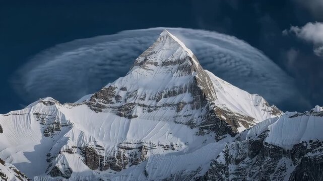 超望遠で圧縮された雪壁、層理と溝が峰の造形を彫り出す