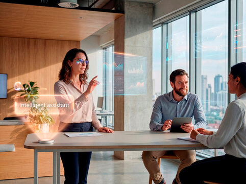 A professional woman stands in a high-tech, sunlit office, using hand gestures to interact with a futuristic holographic display showing data charts and an "intelligent assistant" interface. Her colle