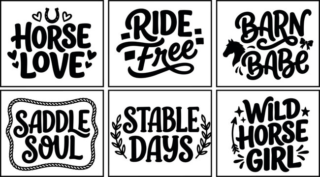 Black and white horse love and wild horse girl lettering set with rope and leaves