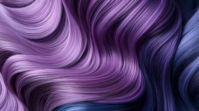 Shiny purple and blue wavy hair texture. Flowing locks with vibrant dye, showing modern salon color trends and high quality hair care. Beauty fashion background.