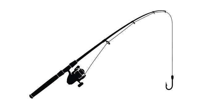 Simple black silhouette of a fishing rod with a visible hook