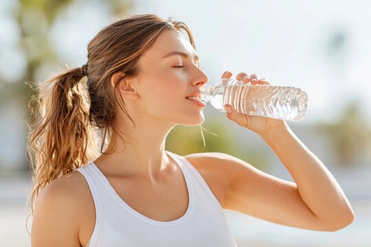 Woman drinking water from a plastic bottle after workout outdoors, wearing a sleeveless top with a blurred natural background of trees and sunlight