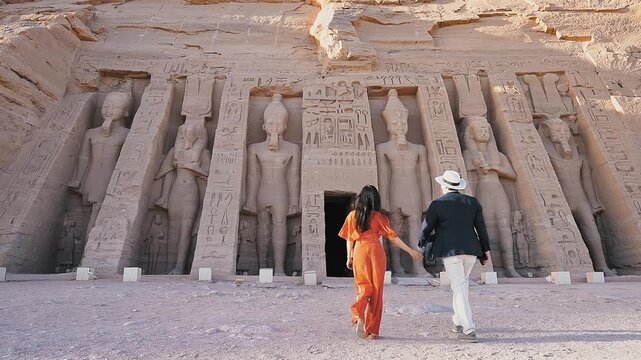 american young man traveler wearing white hat with his wife with red dress exploring ancient Egyptian abu simble temple with background of nefertari statues at sunset. Egypt.