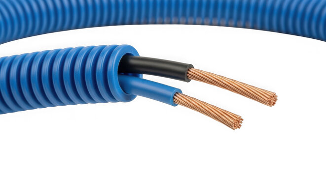 Close up of two electrical copper wires inside a blue corrugated flexible protective conduit isolated on transparent background