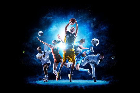 Multi-sport collage depicting various sports and hobbies. Isolated on a black. A joyful collage of several sports. Athletes on a beautiful black background with a flash of light behind them.