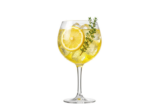 lemon thyme gin and tonic or limoncello spritz cocktail with lemon slice and ice in a balloon glass on transparent background
