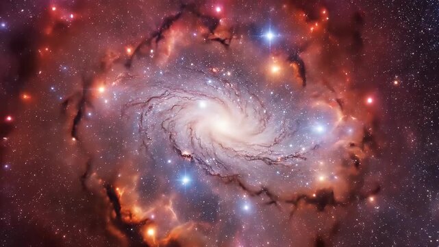 Spectacular Spiral Galaxy in Deep Space - This video showcases a stunning spiral galaxy, its arms swirling with gas and dust, brightly illuminated with newborn stars.