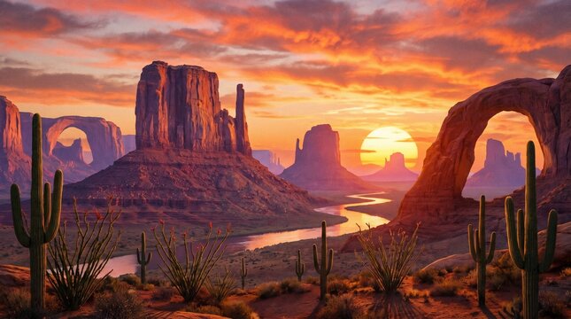 Desert landscape with rock formations and cacti at sunset
