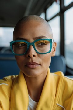 Young woman wearing teal glasses seated on bus interior