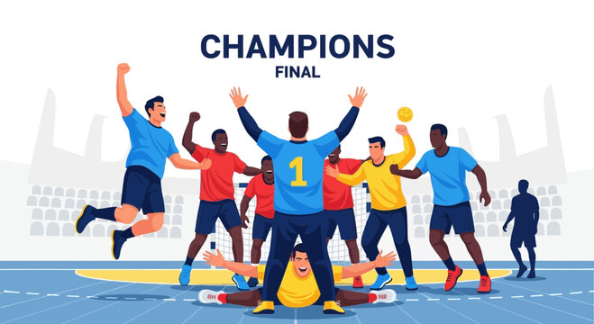 Triumphant Team Celebrating Victory After Handball Championship Final, Amazing Illustration