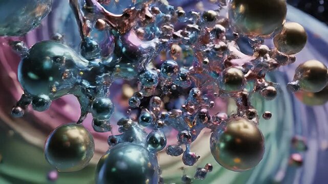 Abstract Iridescent Sphere Cluster - A cluster of interconnected iridescent spheres hovers against a soft, swirling background of pastel colors.