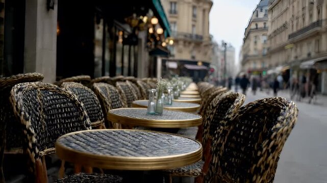 Spring Summer outdoor leisure relaxation activity. A candid street scene captured in a candid moment of an outdoor cafe or restaurant. The main subject is a row of wicker chairs and tables.