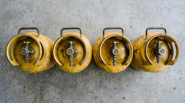 Top view of yellow propane gas cylinders arranged in line on concrete floor showing valves and handles for fuel distribution and energy storage in industrial or domestic supply chain management focus.