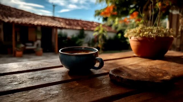 Spring Summer outdoor leisure relaxation activity. A vivid outdoor scene features a black ceramic mug filled with a dark liquid, likely coffee, placed on a wooden table. To the right of the mug.