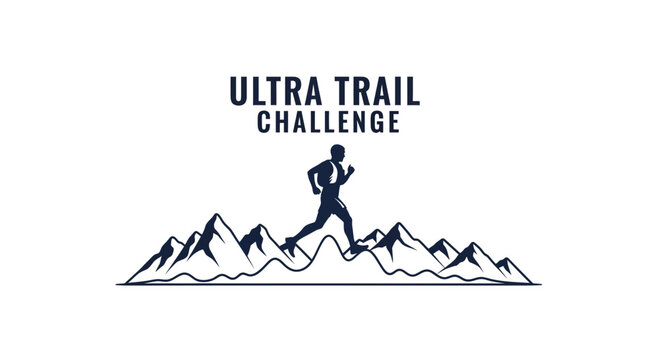 Ultra Trail Challenge Logo Depicting Athlete Running Over Mountain Peaks in Dark Monochrome Design