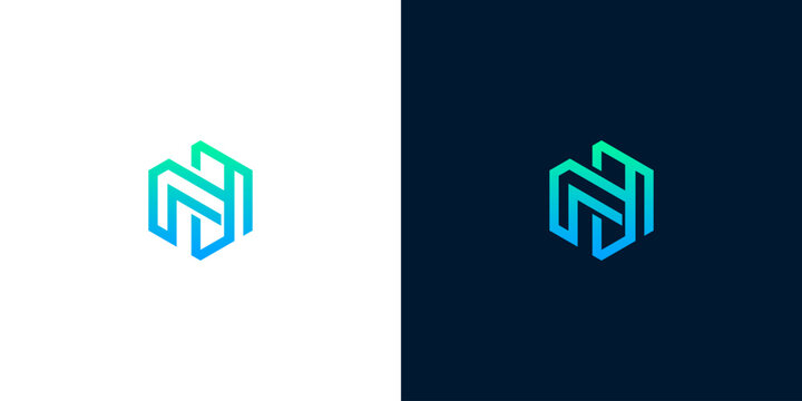 Abstract letter N logotype showcasing a unique interlocking hexagon design, crafted with a vibrant blue-green gradient for a distinctive and cutting-edge visual identity