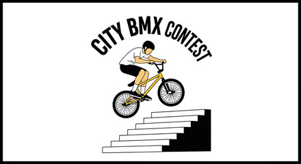 Naklejka premium Urban Bmx Competition Rider Performing Stunt Above Staircase
