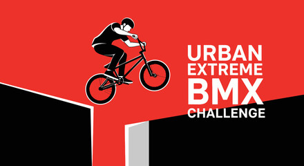 Naklejka premium Urban BMX Extreme Challenge Poster Depicting A Dynamic Rider Performing An Amazing Stunt