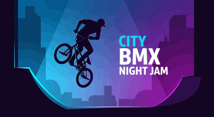 Naklejka premium Urban BMX Night Jam: A Dynamic Silhouette Against a Vibrant Cityscape
