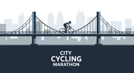 Fototapeta premium Urban Cyclist Ascends Suspension Bridge Overlooking City Skyline