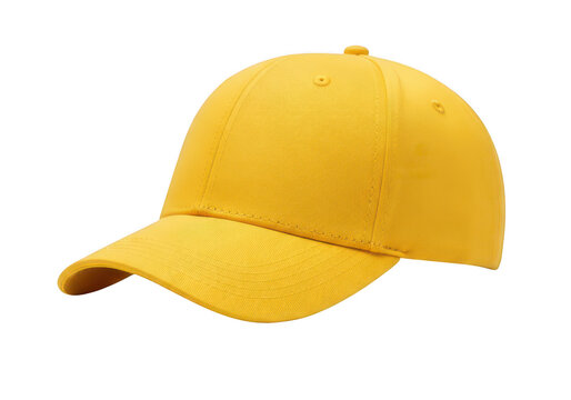 A yellow baseball cap with a curved brim isolated on transparent background