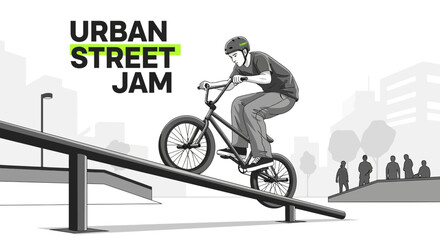 Naklejka premium Urban Street Jam: Action Shot Of BMX Rider Executing Trick On A Rail In An Urban Environment