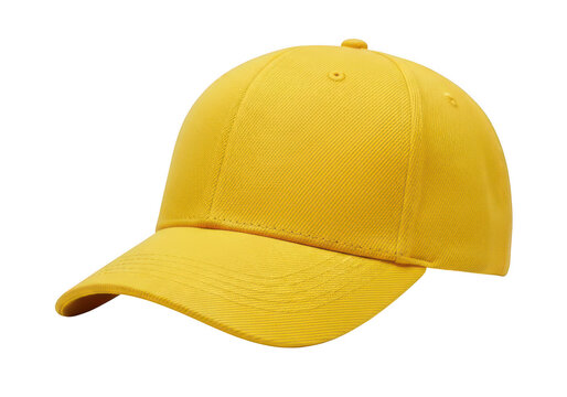 A yellow baseball cap made of ribbed fabric isolated on transparent background