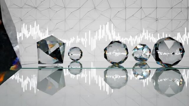 Abstract Composition of Faceted Gemstones and Spheres on Reflective Surface.