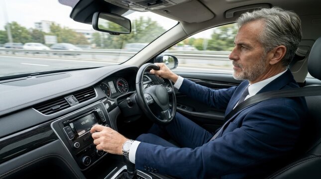 Businessman adjusting car stereo while driving on highway
