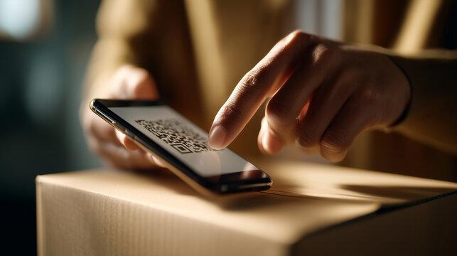 Extreme macro of a hand (faceless) pointing a smartphone camera at a blank abstract QR code on a box, Digital Tracking concept, sharp focus on the phone lens and cardboard texture,