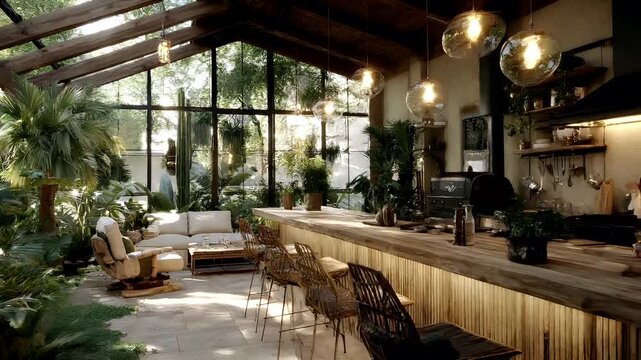 Spring Summer outdoor leisure relaxation activity. A detailed, indoor scene depicts a modern kitchen and living space. The main subject is a kitchen area with a wooden countertop, a builtin oven.