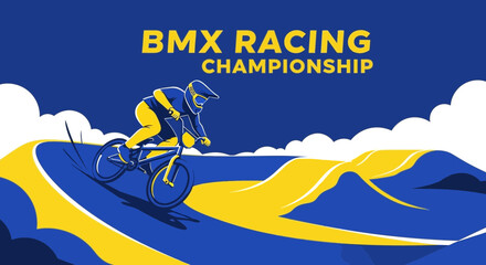 Naklejka premium Vibrant BMX Racing Championship Illustration Depicting Athlete on a Dramatic Track