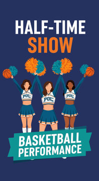 Vibrant Cheerleaders Delivering Energetic Half-Time Performance at Basketball Tournament Show