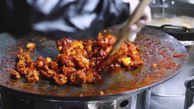 Korean Street Food - Dakgangjeong, Sweet Crispy Korean Fried Chicken, variety of different traditional food selection in Seoul, South Korea, night street market with local vendor stalls cooking 